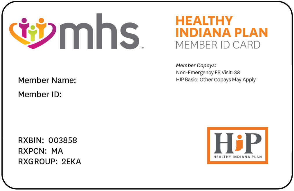 Healthy Indiana Plan sample member ID card with name, RID, prescription information and copay information