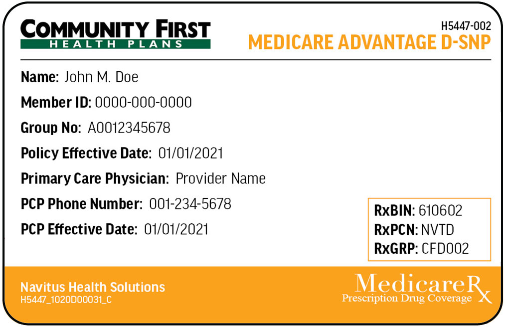 Community First Health Plan D-SNP sample member ID card front