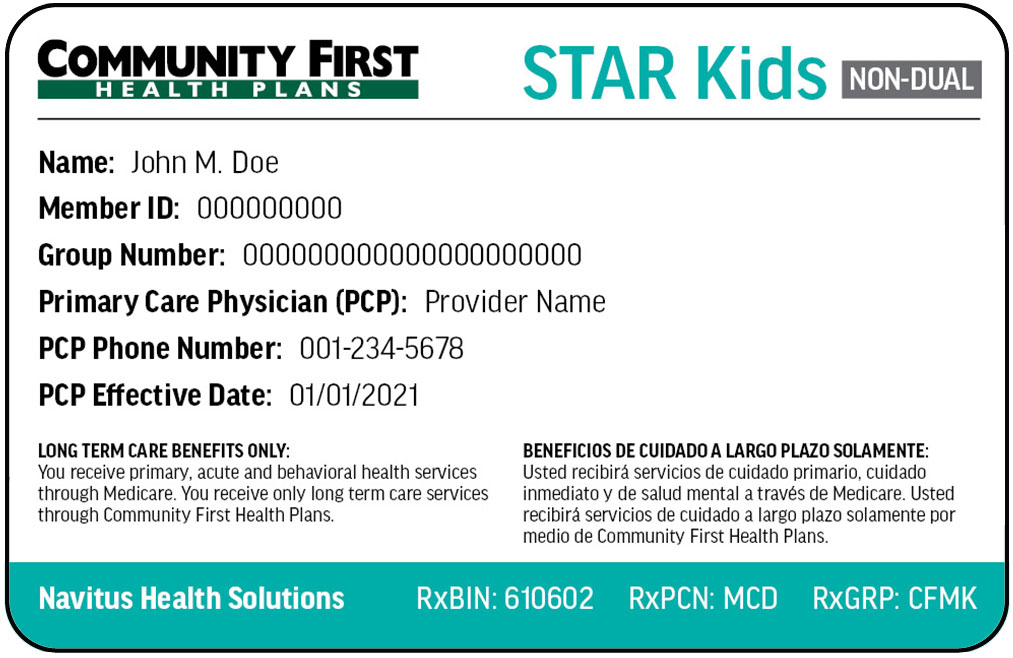 Community First Health Plan sample member ID STAR KIDS card front