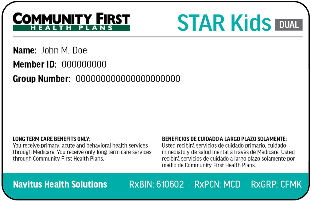 Community First Health Plan sample member ID STAR KIDS card front