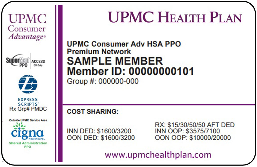 UPMC Advantage sample member ID card with name, ID, PCP, phone, contact numbers and website