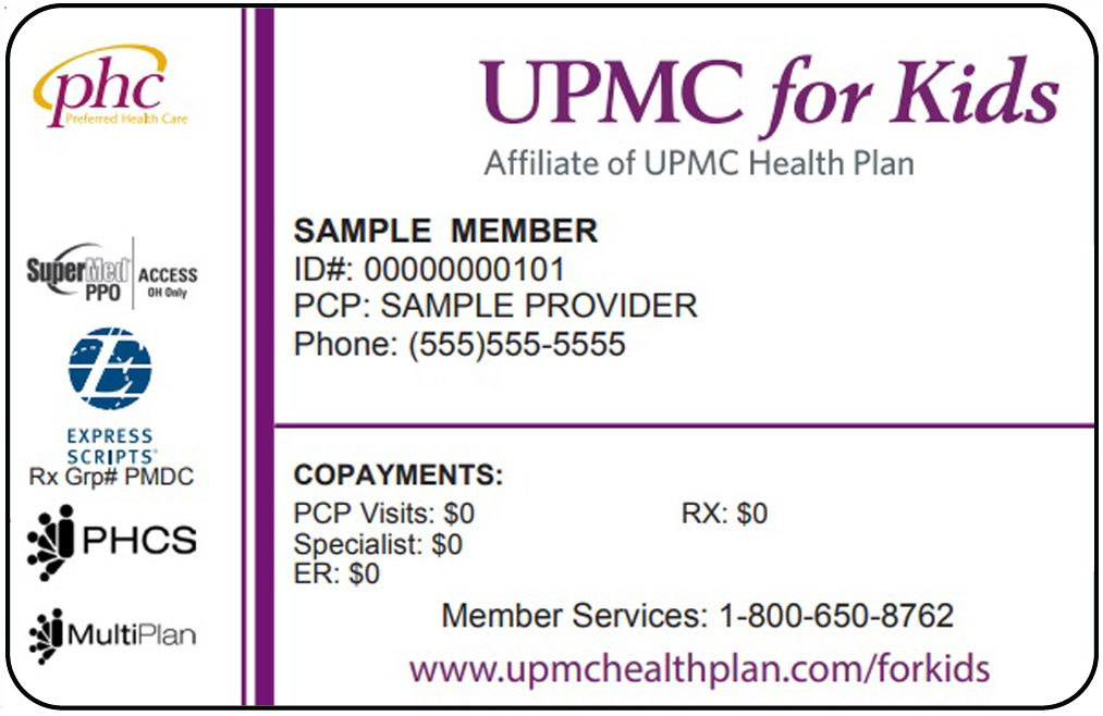 UPMC for Kids sample member ID card with name, ID, PCP, phone, contact numbers and website