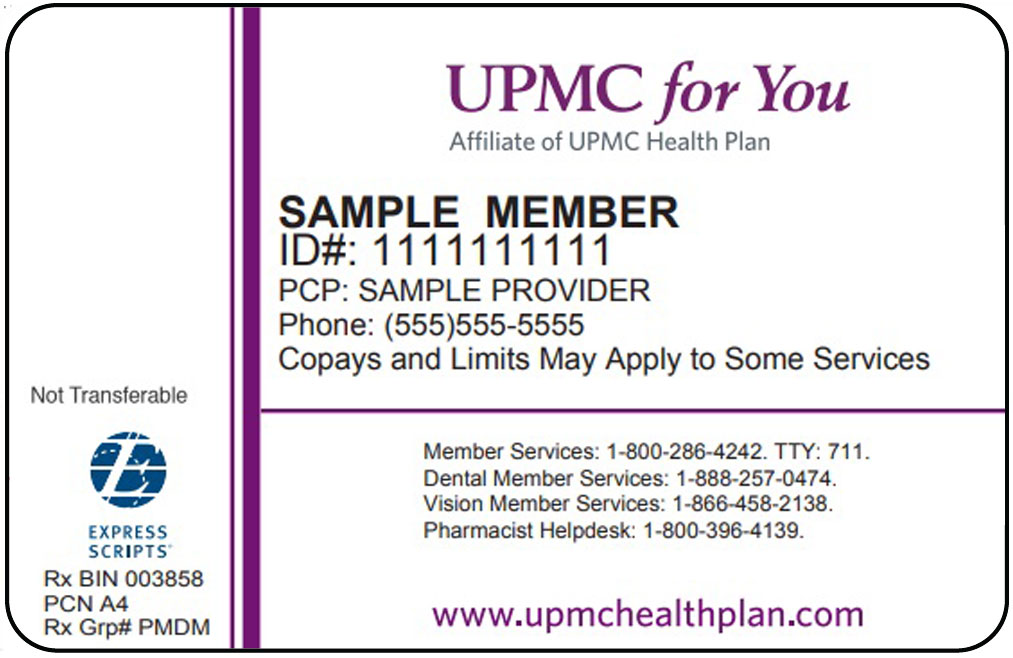 UPMC For You sample member ID card with name, ID, PCP, phone, contact numbers and website