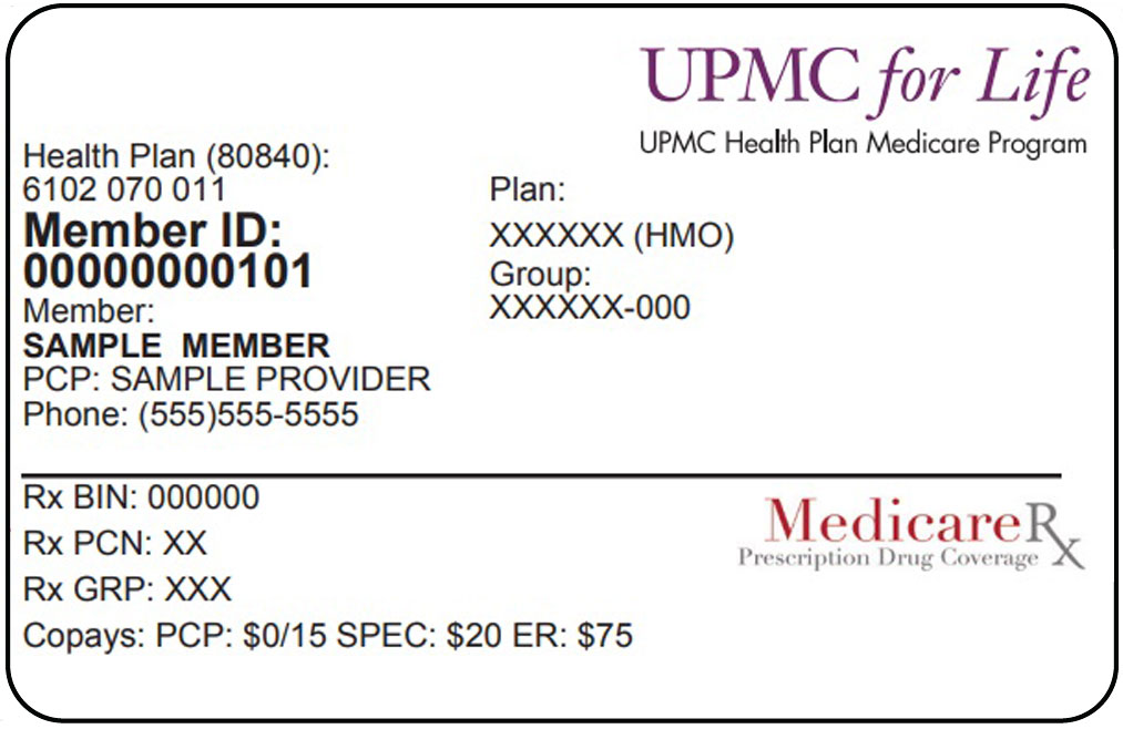 UPMC For Life HMO sample member ID card with name, ID, PCP, phone, contact numbers and website