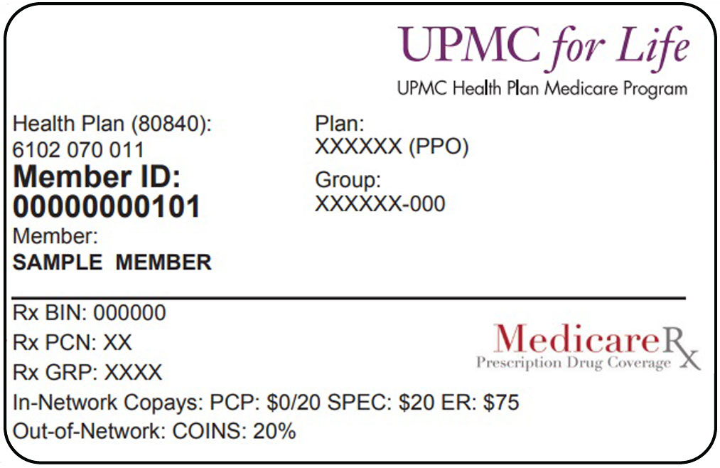 UPMC For Life PPO sample member ID card with name, ID, PCP, phone, contact numbers and website