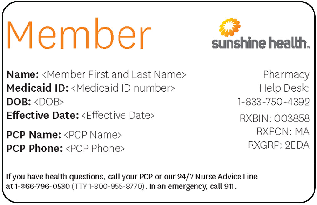 Sunshine Health sample member ID card with name, medicaid IS, DOB, Effective date, and PCP information